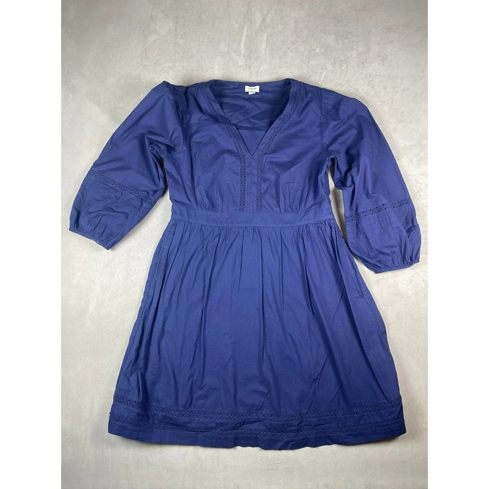 J.Crew Re-Imagined Navy Blue Eyelet Lace Cotton Mini Dress XS V-Neck 3/4 Sleeve‎